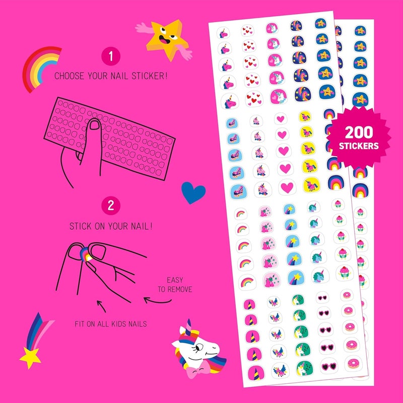 omY Unicorn Nail Stickers for Kids - 200 Stickers, Waterproof, Durable, Fun, Creative Designs | Strong Enough to Last Through Hand Washing - Easy to Apply, Safe, Non-Toxic | Age 3 and Up - Image 3